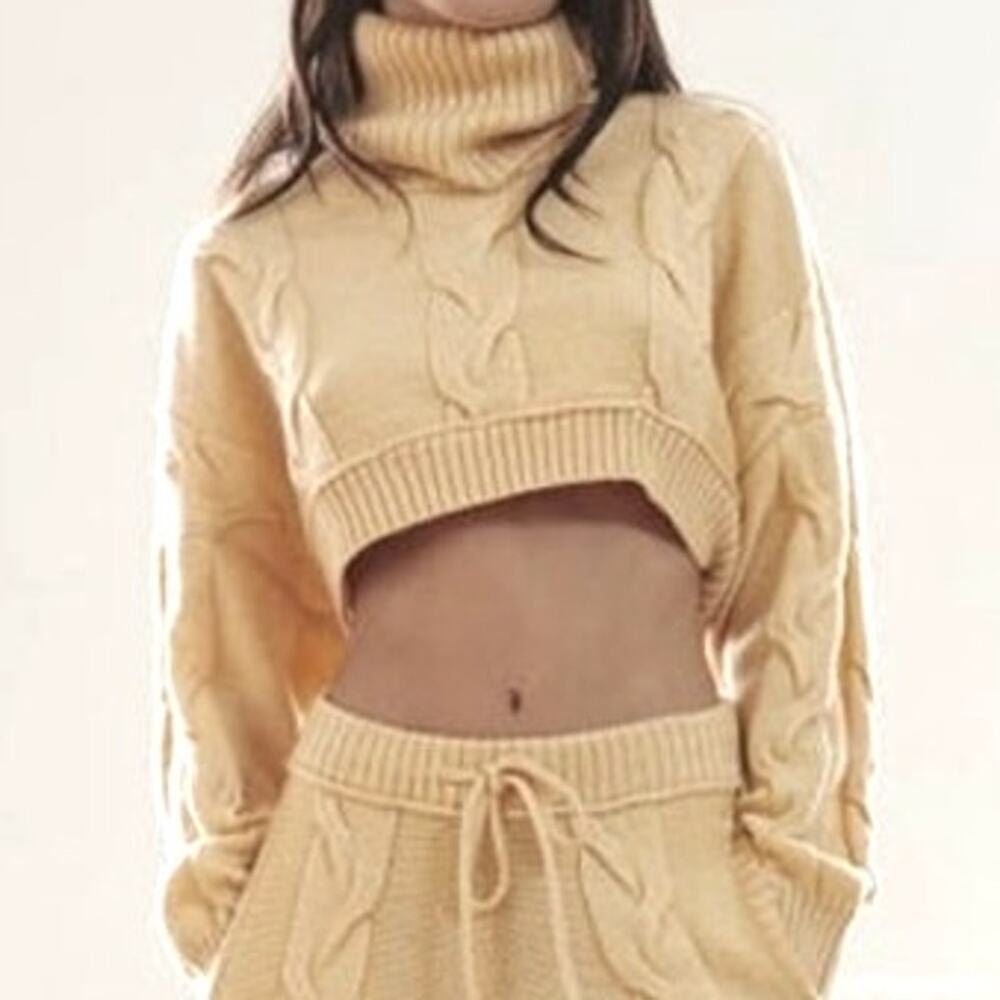 Urban outfitters out from under lina turtleneck cable knit sweater pastel yellow
